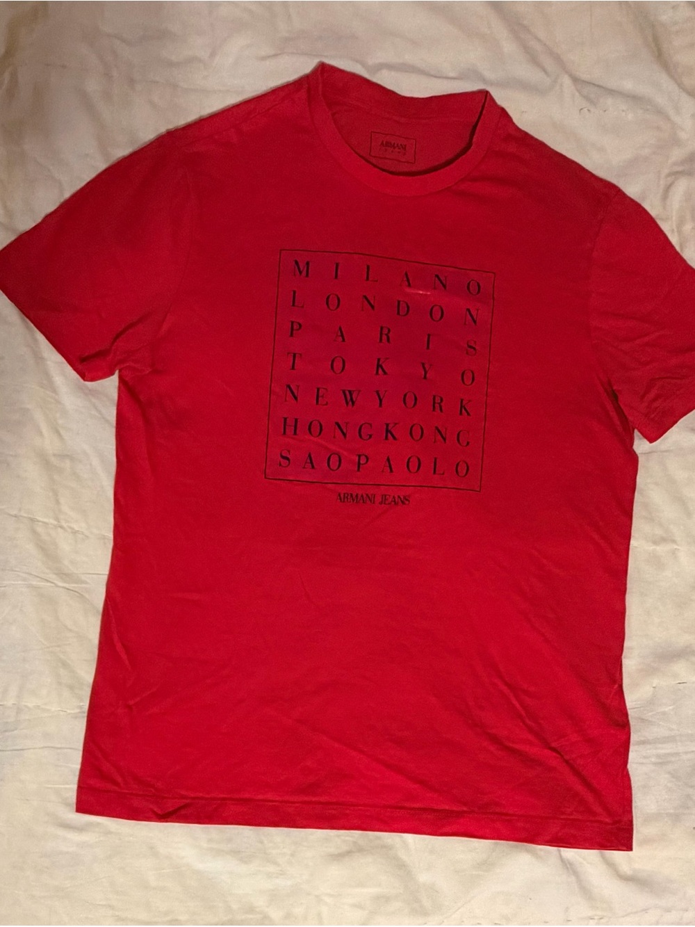 Armani Jeans Red Tee with Black City Names Graphic